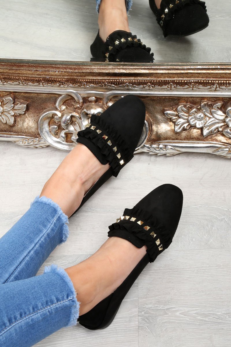 Black Faux Suede Studded Loafers - Kenia-Flats