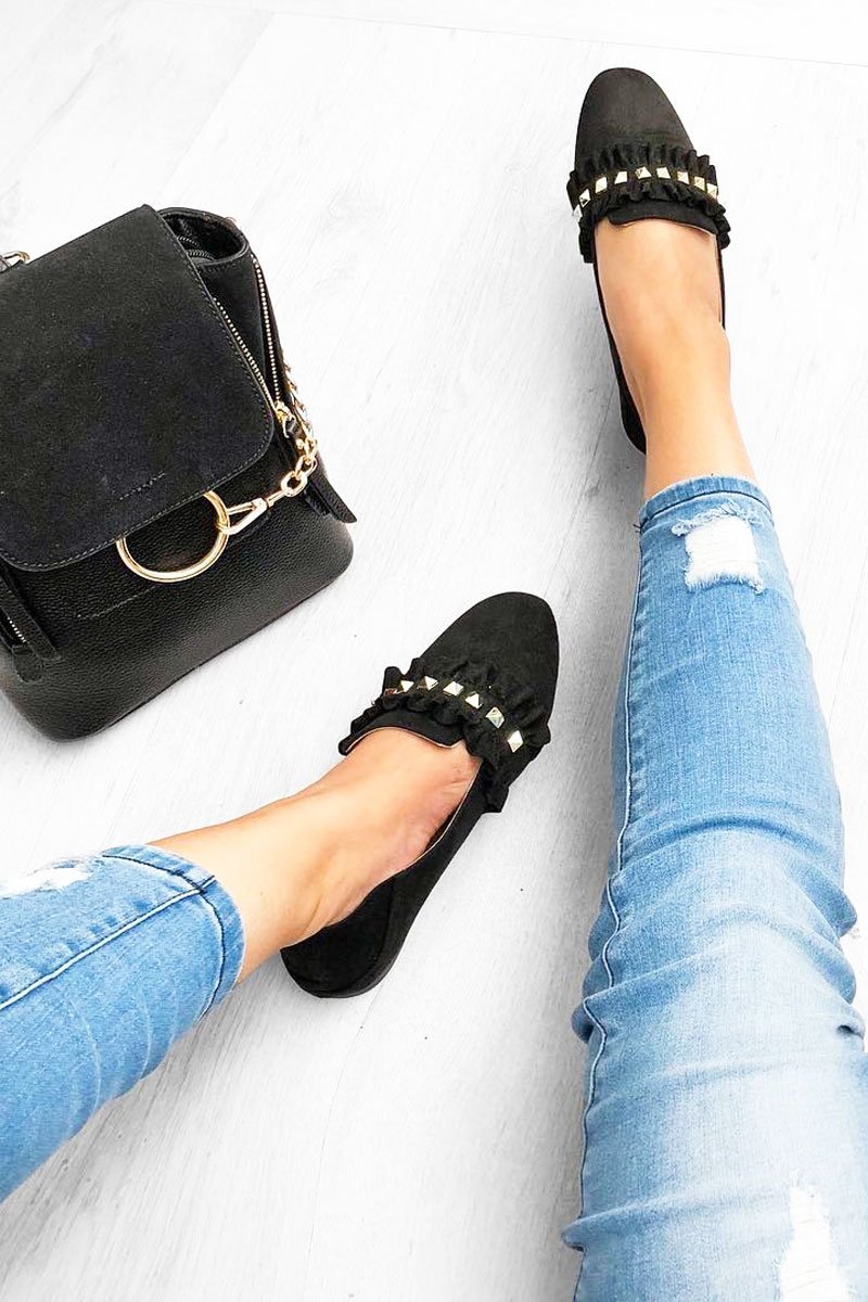Black Faux Suede Studded Loafers - Kenia-Flats