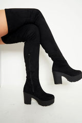 Black Faux Suede Thigh High Boots - Vayda-Boots