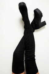 Black Faux Suede Thigh High Boots - Vayda-Boots