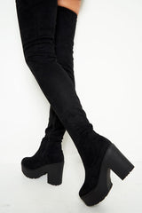 Black Faux Suede Thigh High Boots - Vayda-Boots