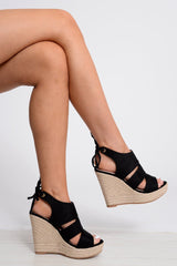 Black Faux Suede Tie Heel Wedges - Erica-Wedges