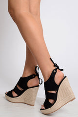 Black Faux Suede Tie Heel Wedges - Erica-Wedges