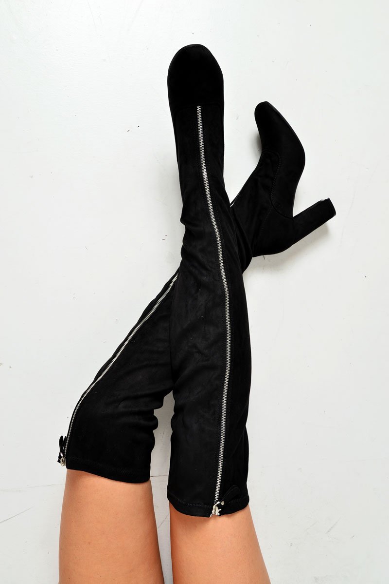 Black Faux Suede Zip Front Over The Knee Boots - Vienna-Boots
