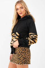 Black Faux Tiger Fur Detail Hoodie - Braelyn-Hoodies
