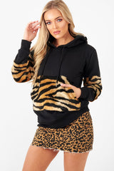 Black Faux Tiger Fur Detail Hoodie - Braelyn-Hoodies