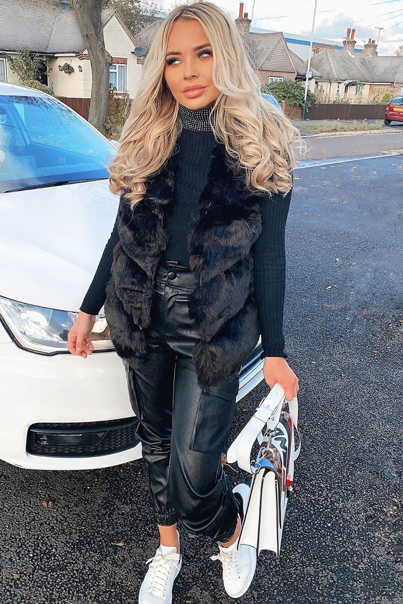 Black Faux leather and Fur Gilet - Felicia-Jackets