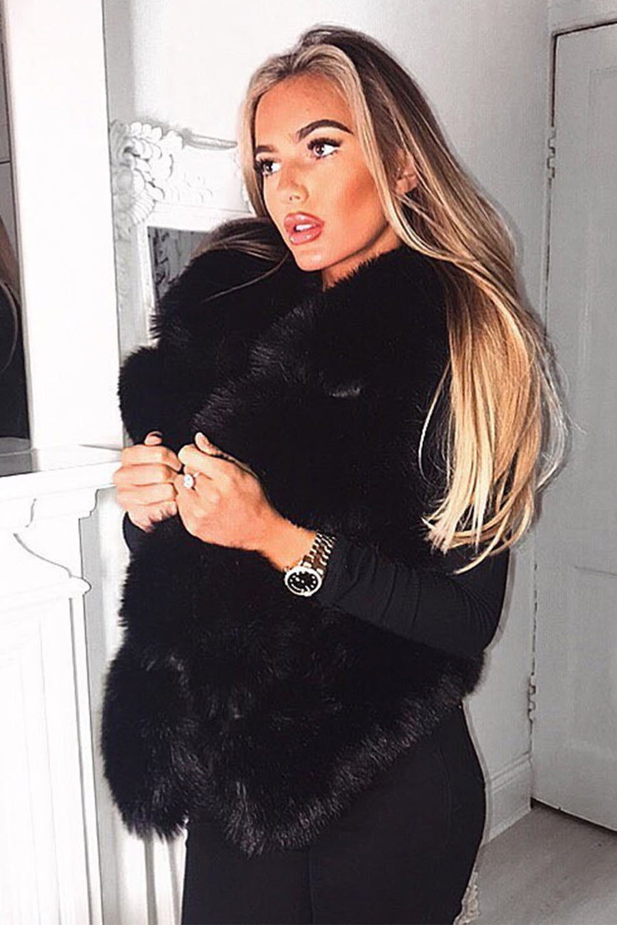 Black Faux leather and Fur Gilet - Felicia-Jackets