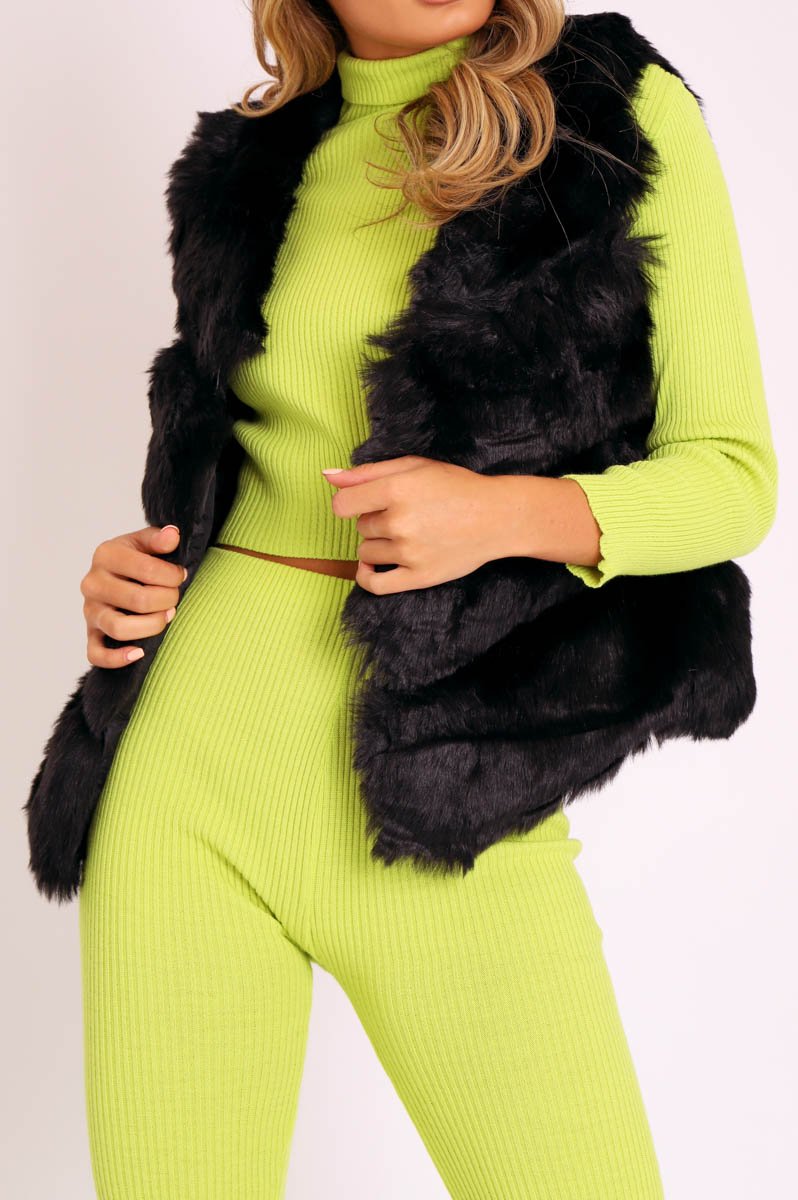Black Faux leather and Fur Gilet - Felicia-Jackets