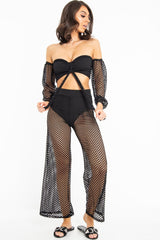 Black Fish Net Crop Tie Top and Trousers Co-ord - Misa-Co-ords