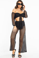 Black Fish Net Crop Tie Top and Trousers Co-ord - Misa-Co-ords
