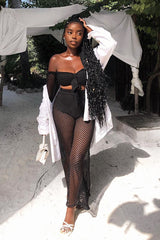 Black Fish Net Crop Tie Top and Trousers Co-ord - Misa-Co-ords