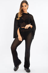 Black Fishnet Crop Jumper Wide Leg Trouser Co-ord - Haddie-Co-ords
