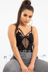 Black Fishnet Floral Lace Strappy Mesh Bodysuit - Hallee-Bodysuits