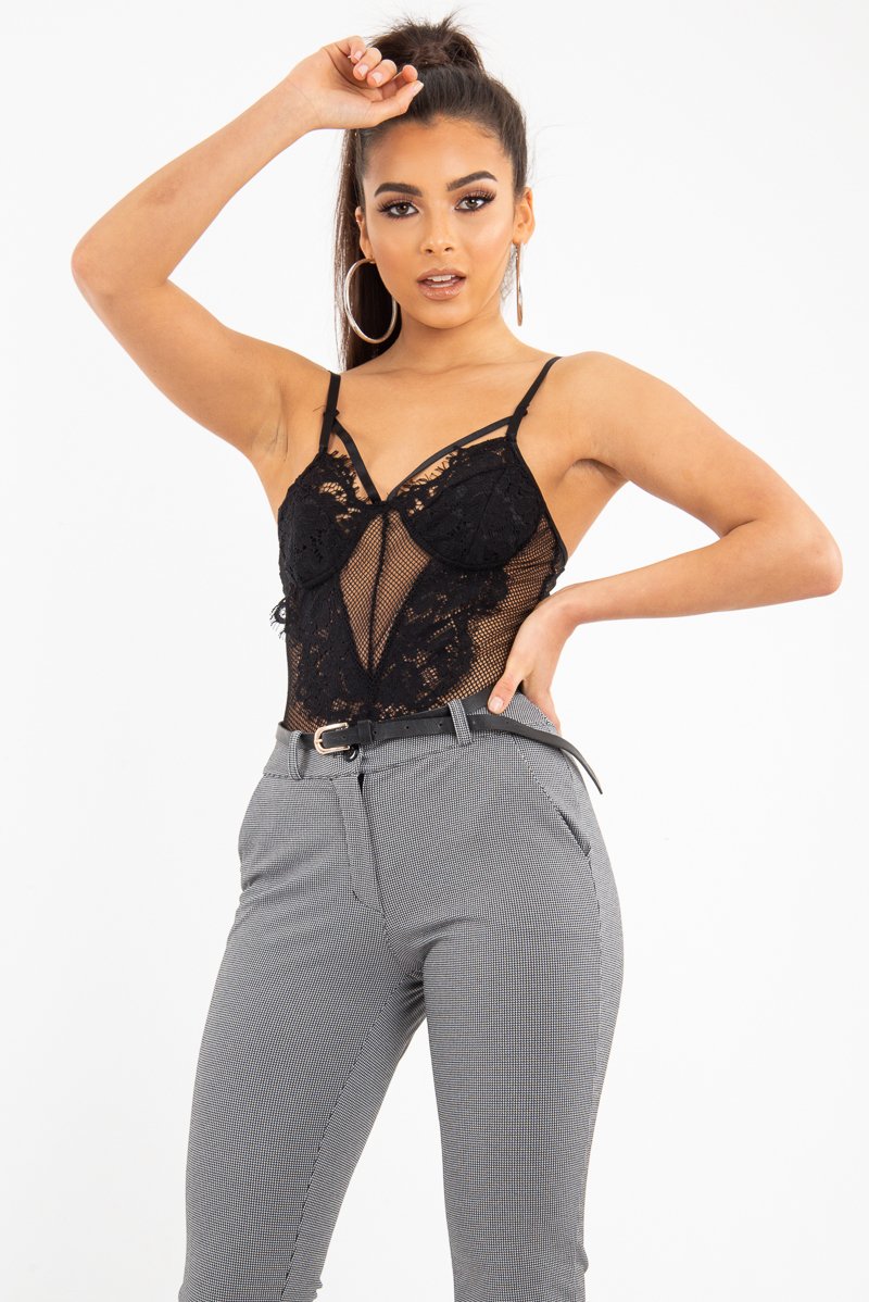 Black Fishnet Floral Lace Strappy Mesh Bodysuit - Hallee-Bodysuits