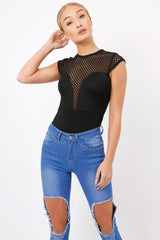 Black Fishnet Mesh Insert Bodysuit - Felicity-Bodysuits