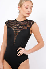 Black Fishnet Mesh Insert Bodysuit - Felicity-Bodysuits