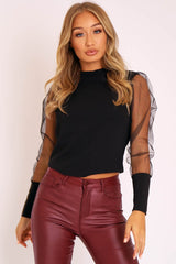 Black Fishnet Mesh Sleeve Top - Ebbie-Tops