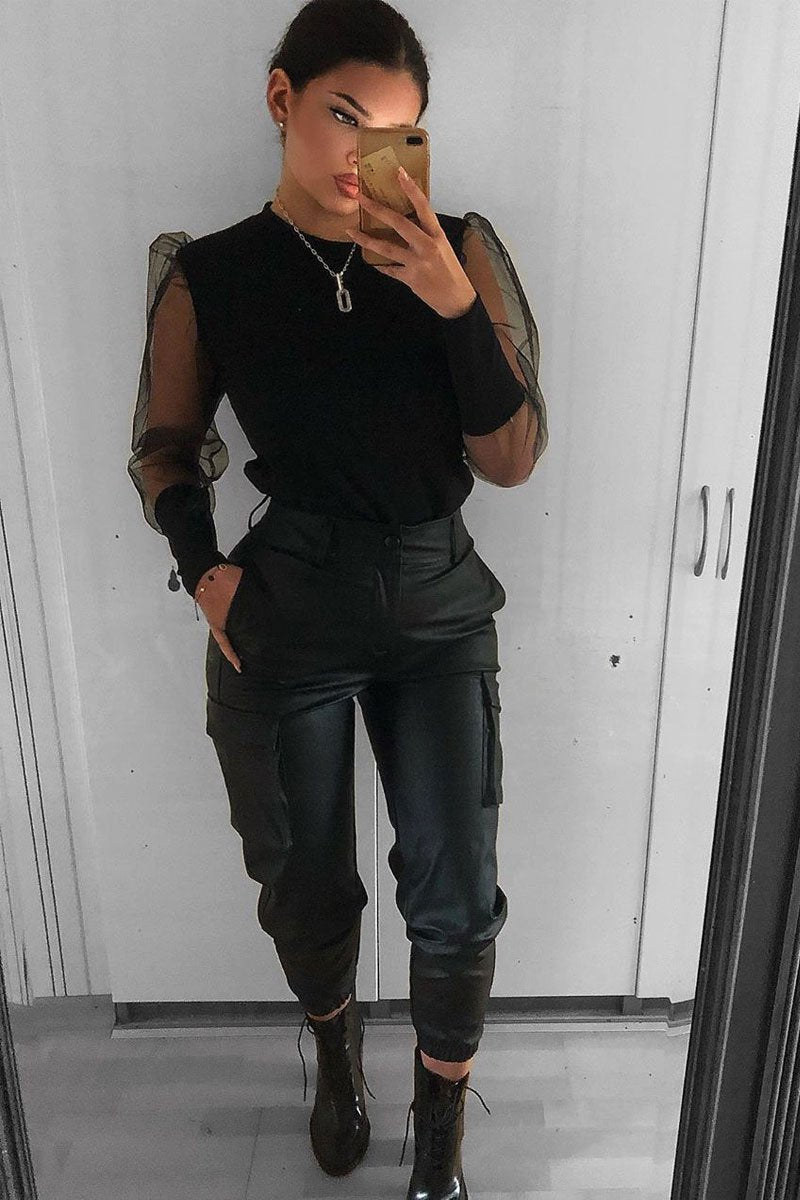 Black Fishnet Mesh Sleeve Top - Ebbie-Tops