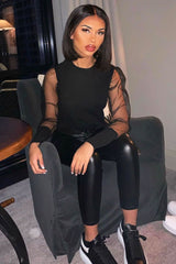 Black Fishnet Mesh Sleeve Top - Ebbie-Tops