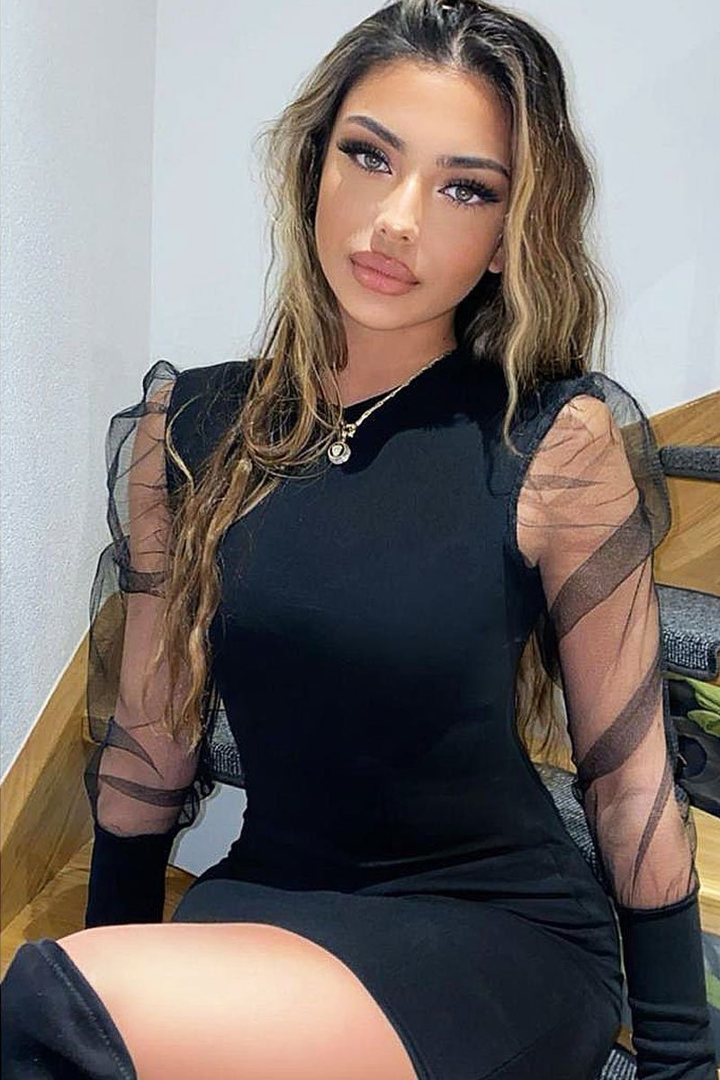 Black Fishnet Puff Sleeve Mini Bodycon Dress - Franca-Dresses