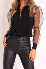 Black Fishnet Sleeve Zip Up Jacket - Cheyann-Jackets