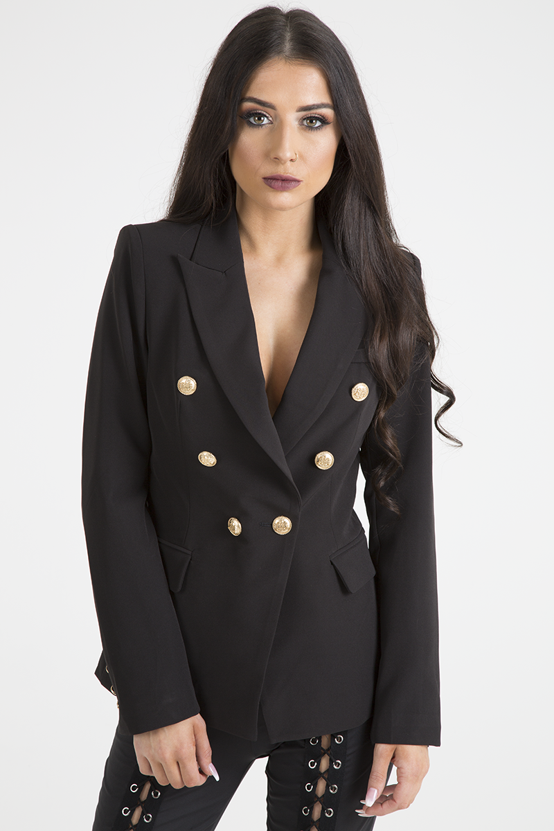 Black Fitted Gold Button Blazer - Mei-Blazers