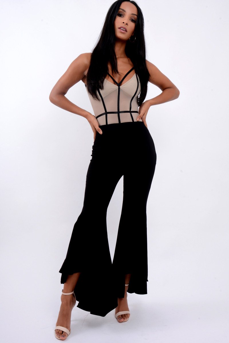 Black Flare Dip Hem Trousers - Fraya-Trousers