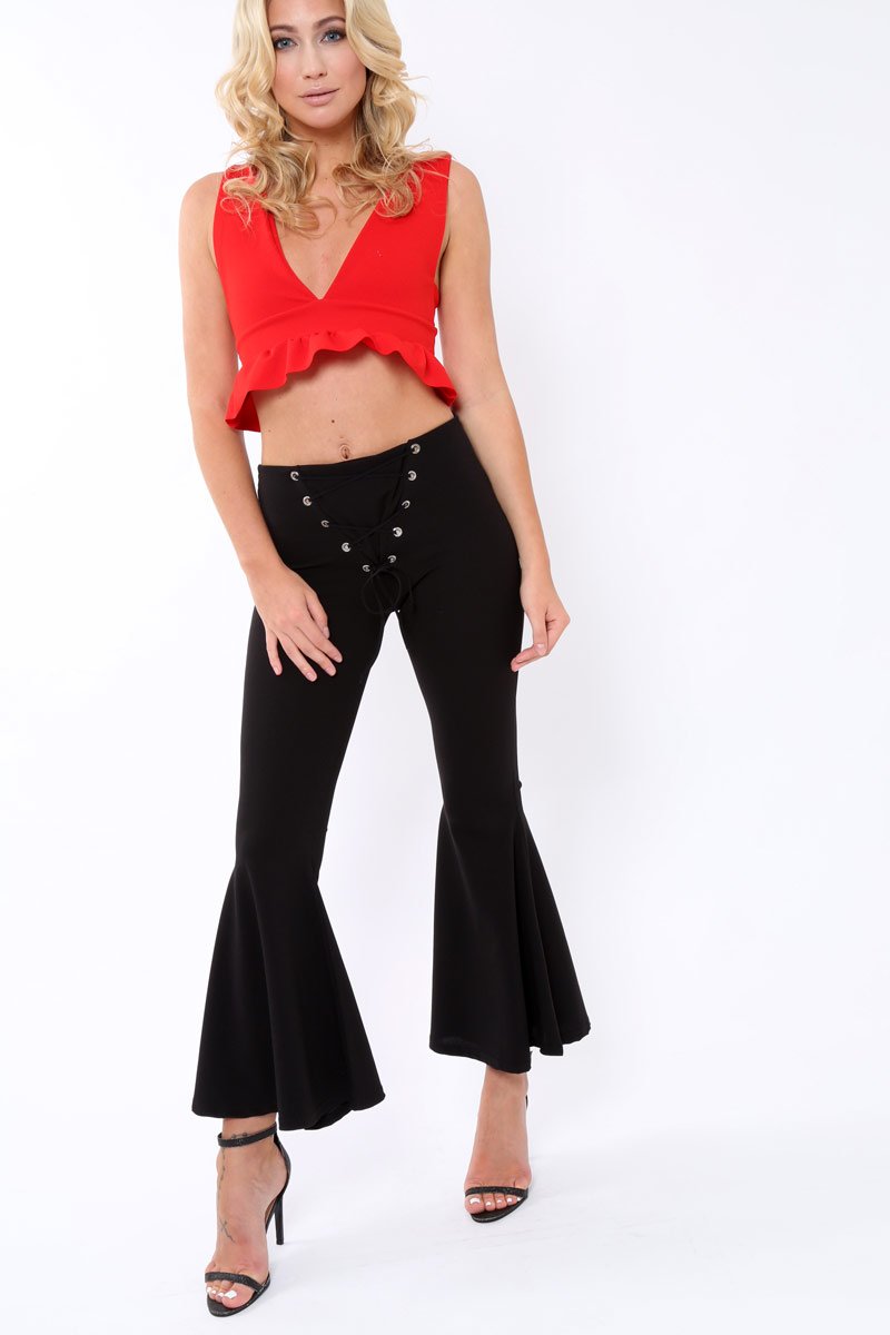 Black Flare Trousers with Lace Up Front - Gaby-Trousers