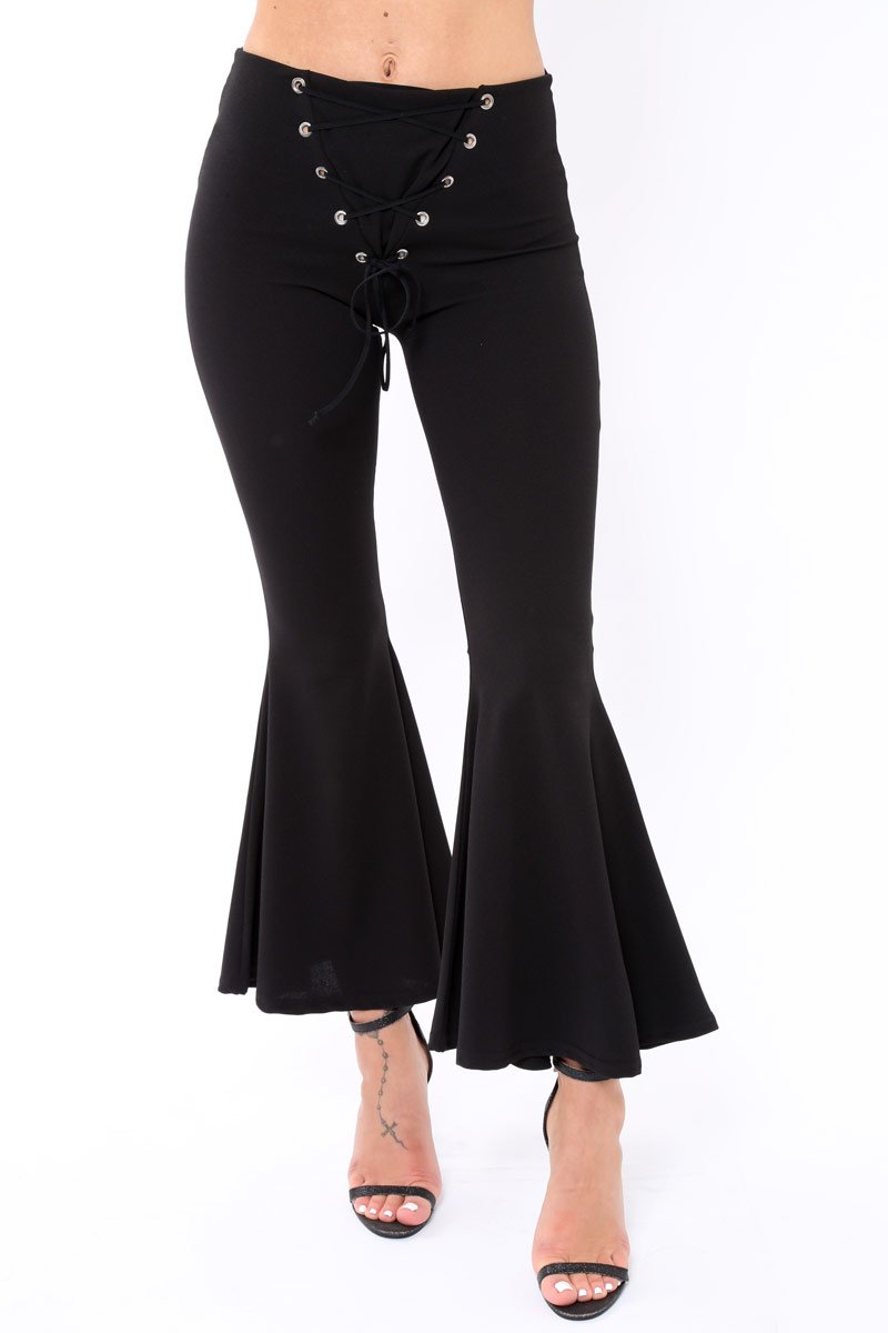 Black Flare Trousers with Lace Up Front - Gaby-Trousers