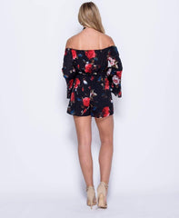 Black Flared Sleeve Floral Bardot Playsuit - Tyra-Playsuits