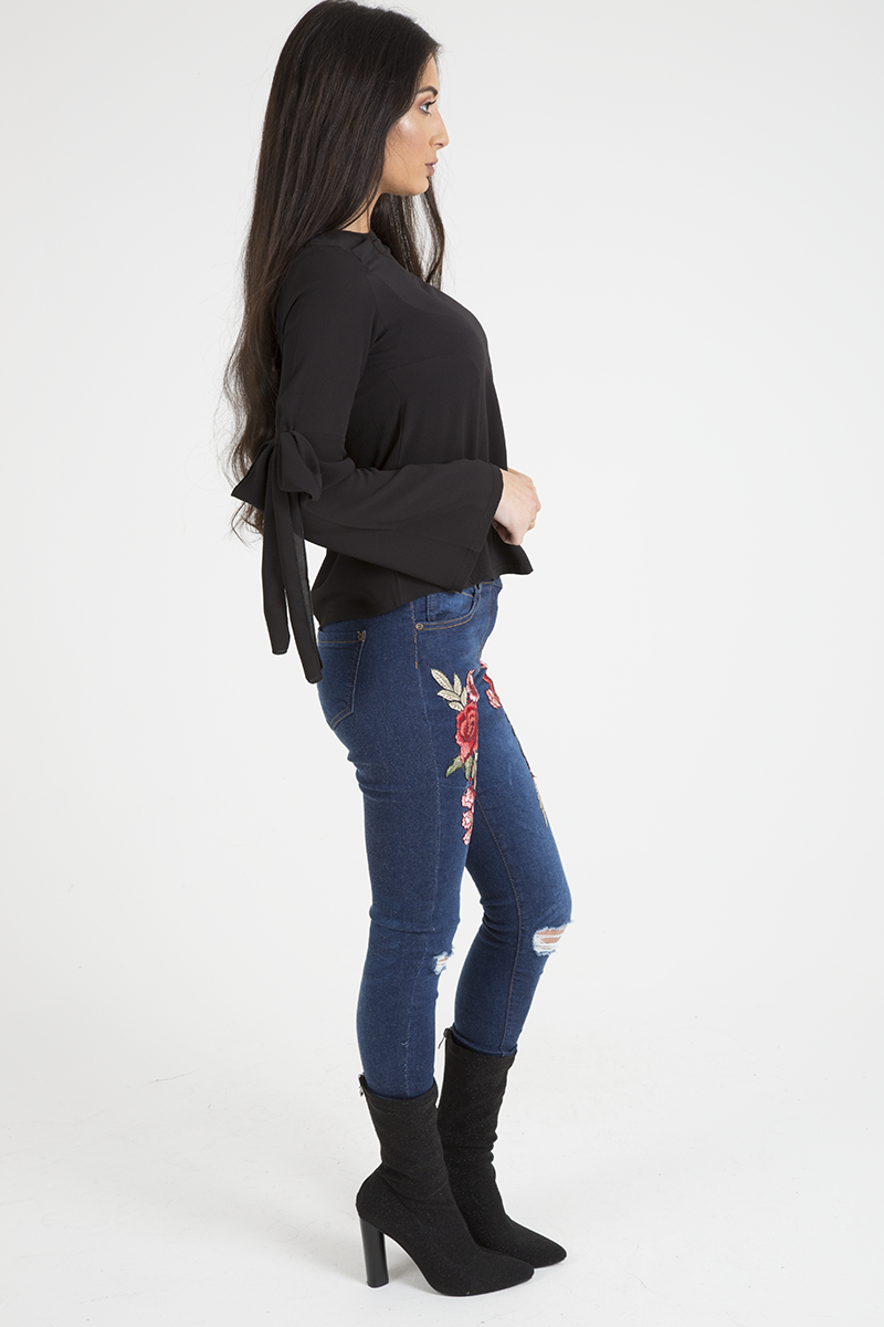 Black Flared Tied Sleeve Top - Birdie-Tops