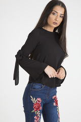 Black Flared Tied Sleeve Top - Birdie-Tops