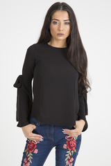 Black Flared Tied Sleeve Top - Birdie-Tops