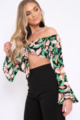 Black Floral Bardot Crop Top - Fliss-Tops