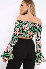 Black Floral Bardot Crop Top - Fliss-Tops