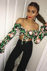 Black Floral Bardot Crop Top - Fliss-Tops