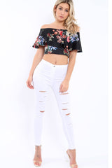 Black Floral Bardot Crop Top - Justine-Tops