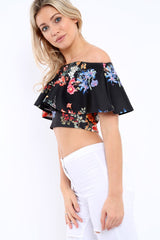 Black Floral Bardot Crop Top - Justine-Tops
