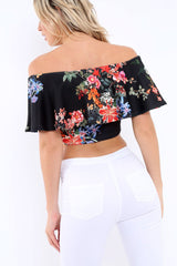 Black Floral Bardot Crop Top - Justine-Tops