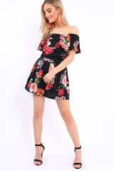 Black Floral Bardot Playsuit with Frill Detail - Raine-Playsuits