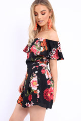 Black Floral Bardot Playsuit with Frill Detail - Raine-Playsuits