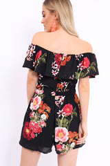 Black Floral Bardot Playsuit with Frill Detail - Raine-Playsuits