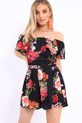 Black Floral Bardot Playsuit with Frill Detail - Raine-Playsuits
