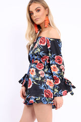 Black Floral Bardot Playsuit with Frill Hem and Cuffs - Farhanna-Playsuits