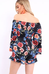 Black Floral Bardot Playsuit with Frill Hem and Cuffs - Farhanna-Playsuits
