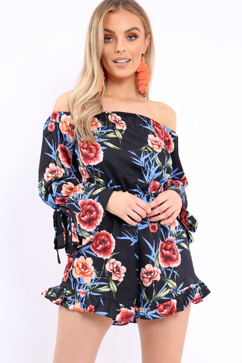 Black Floral Bardot Playsuit with Frill Hem and Cuffs - Farhanna-Playsuits