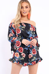 Black Floral Bardot Playsuit with Frill Hem and Cuffs - Farhanna-Playsuits