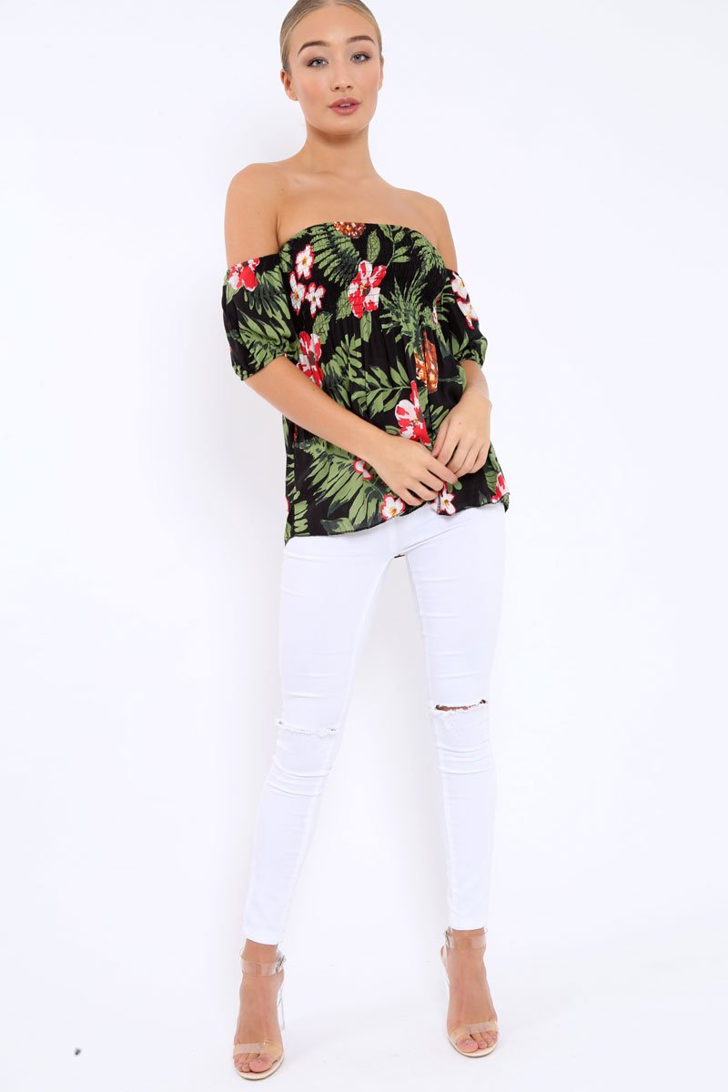 Black Floral Bardot Top with Shirred Bust - Dorris-Tops