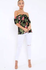 Black Floral Bardot Top with Shirred Bust - Dorris-Tops